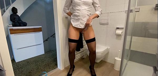  slut in business suit stuffing panty in pussy, business bitch